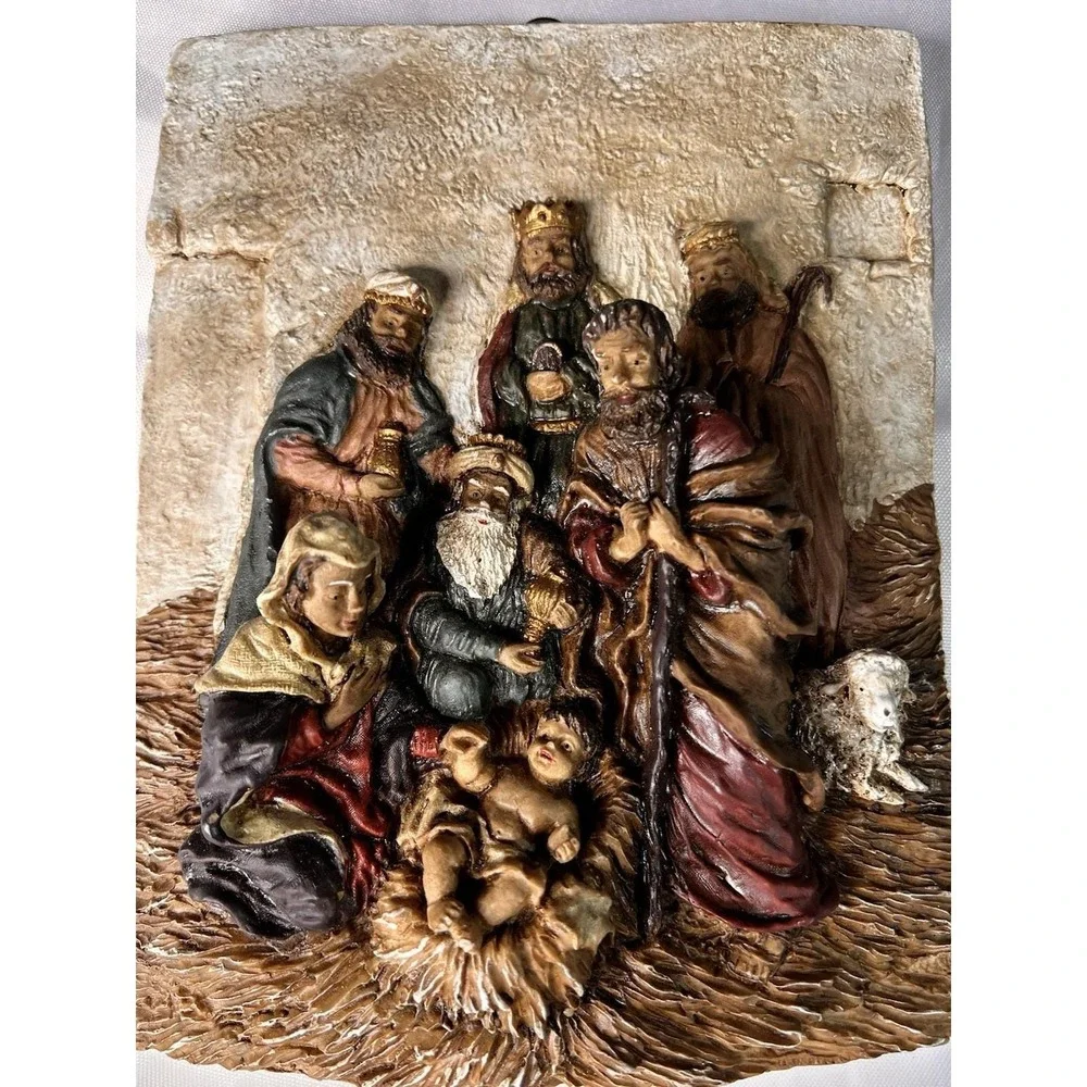 Vintage Nativity Wall Plaque High Relief Holy Family & Three Wise Men 8